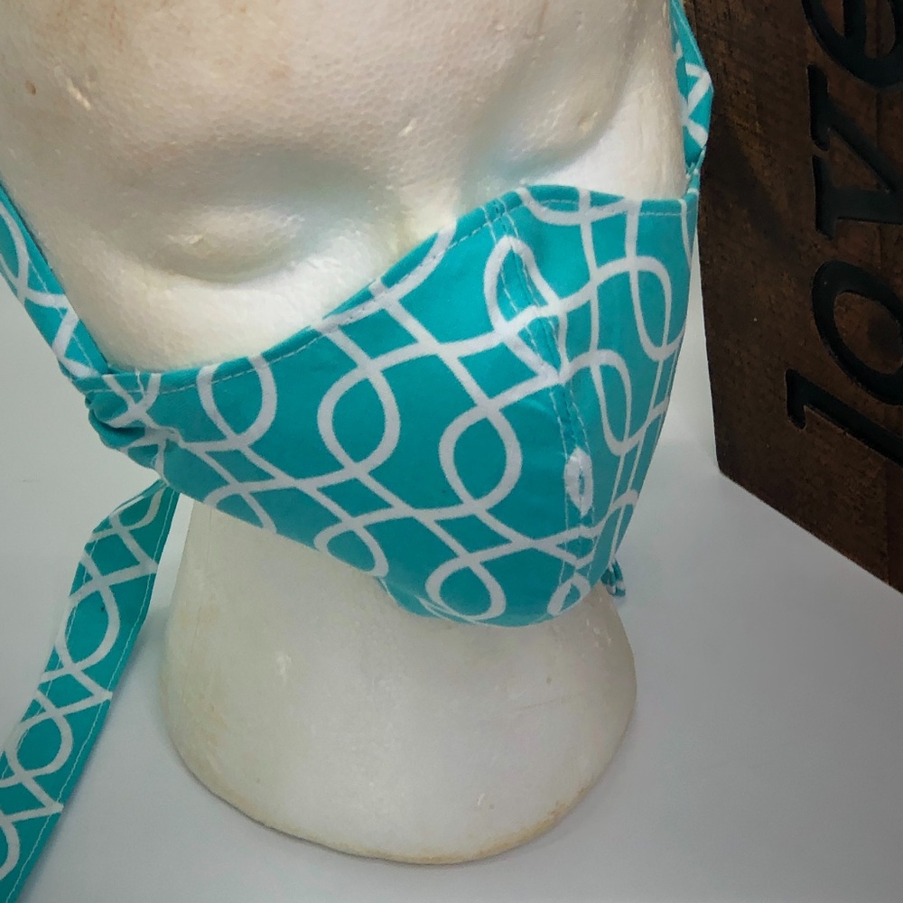 Face Mask Teal/White Print with Adjustable Ties